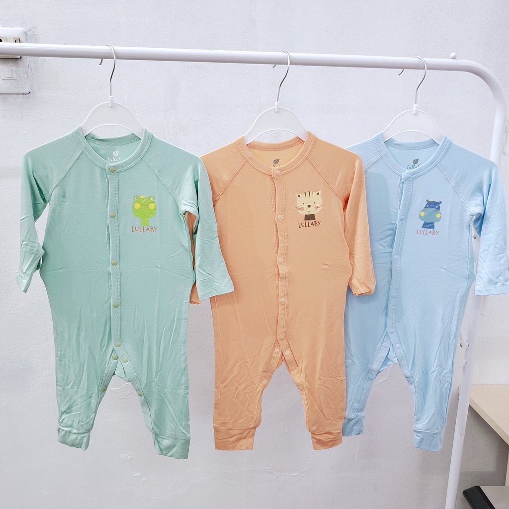 Bộ đồ áo liền quần body liền thân dài tay LULLABY cúc thẳng vải sợi tre siêu mềm co giãn 4 chiều điều hòa cho bé sơ sinh