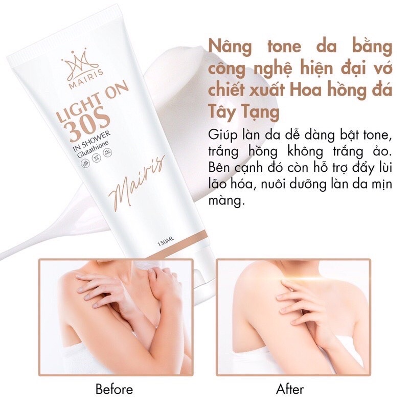 Tắm Trắng Light On 30S Mairis Trắng Da An Toàn Với Glutathione Và Tẩy Tế Bào Chết 2 in 1