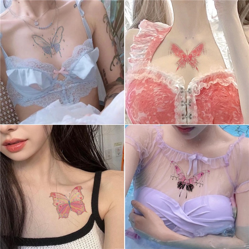 Y2k spicy girl butterfly tattoo sticker phụ nữ không thấm nước lâu dài cánh tay xương đòn phụ kiện hình xăm