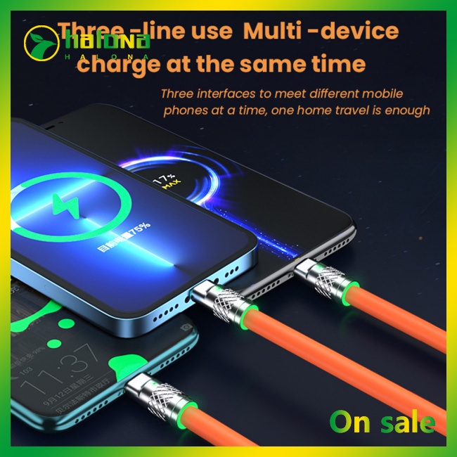 Halo 3-trong-1 6a 120w cáp sạc nhanh kim loại usb cáp sạc 8-pin tương thích cho iphone micro usb type-c