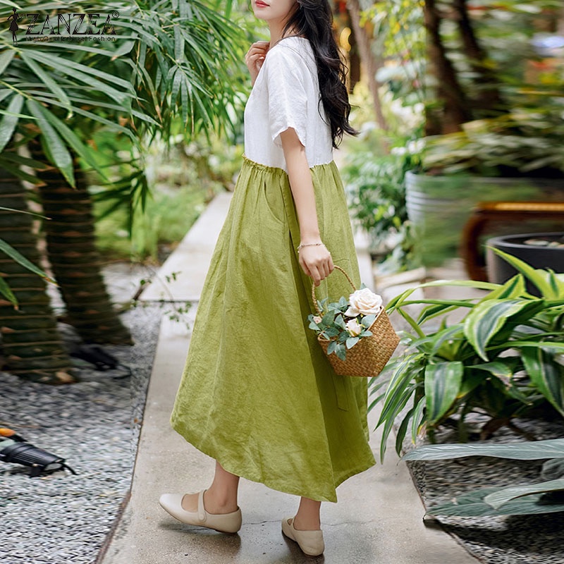 Đầm nữ ZANZEA tay ngắn cổ tròn có túi thời trang