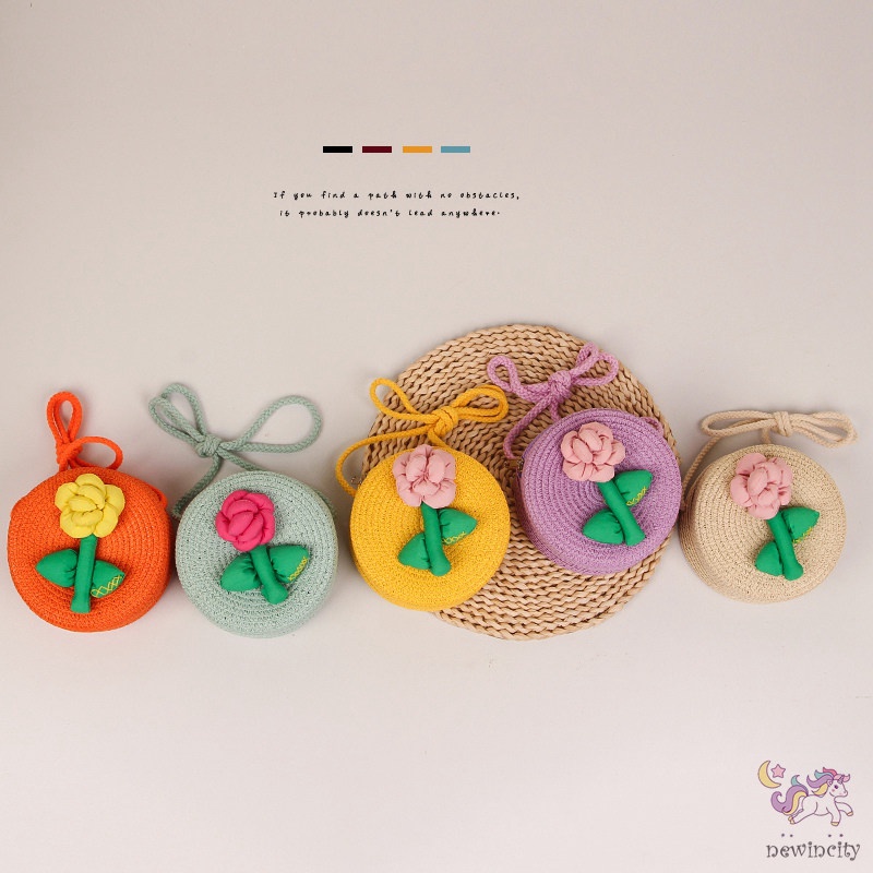 Túi Rơm Đeo Chéo Đính Hoa Dễ Thương Cho Bé Gái