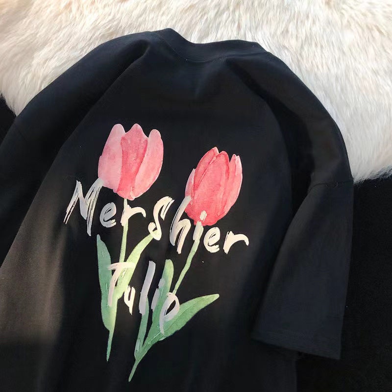 Áo Thun Tay Ngắn In Hình Hoa Tulip Năm Mới Phong Cách Nhật Bản Dành Cho Nữ