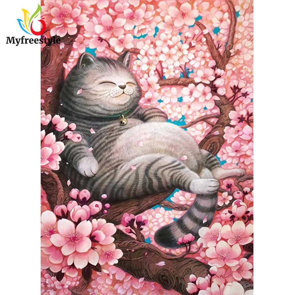 30*40cm Tranh Đính Đá Kim Cương Toàn Bộ 5D Diy Hình Vẽ Mèo Và Cây Anh Đào