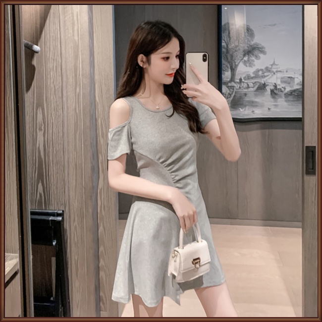 Đầm Chữ A Ngắn Tay Màu Trơn Thiết Kế Chiết Eo Phong Cách Pháp Thanh Lịch Cho Nữ