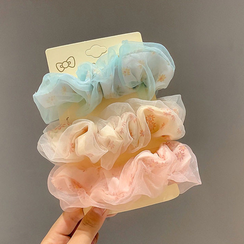 [Đặc trưng] Dây Cột Tóc Co Giãn Bằng Lụa Organza Hai Lớp In Họa Tiết Hoa Phong Cách Hàn Quốc Cho Nữ