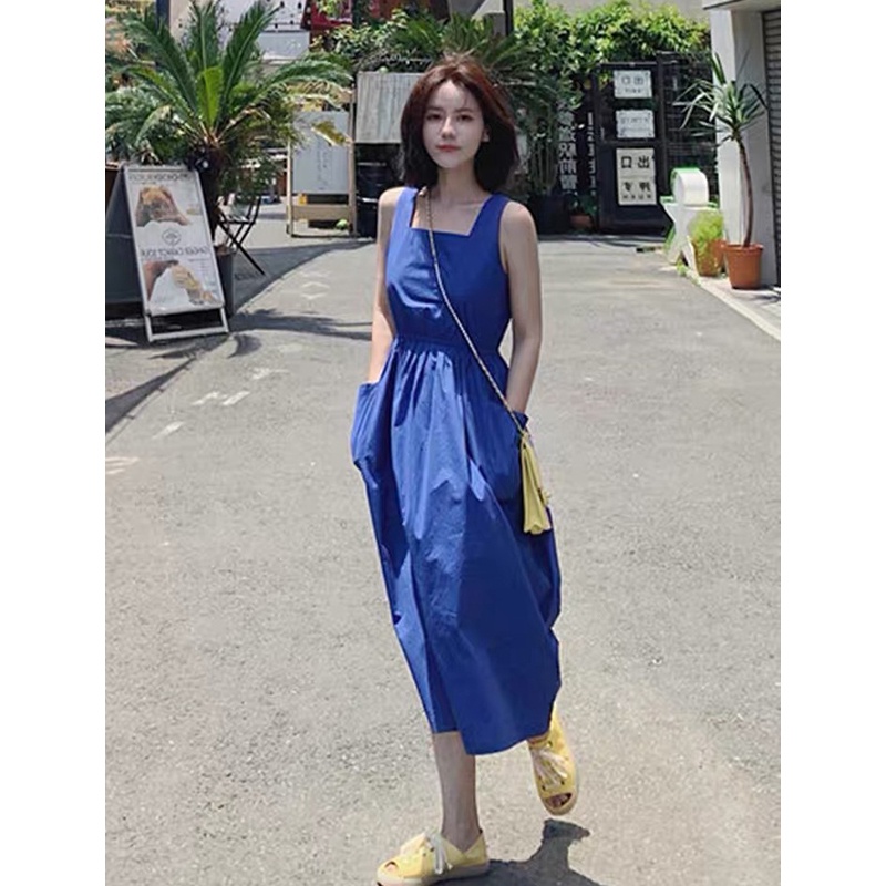 Đầm Dài Hai Dây Ôm Eo Màu Xanh Dương Phong Cách Hepburn Pháp Thời Trang Mùa Hè 2023 Mới