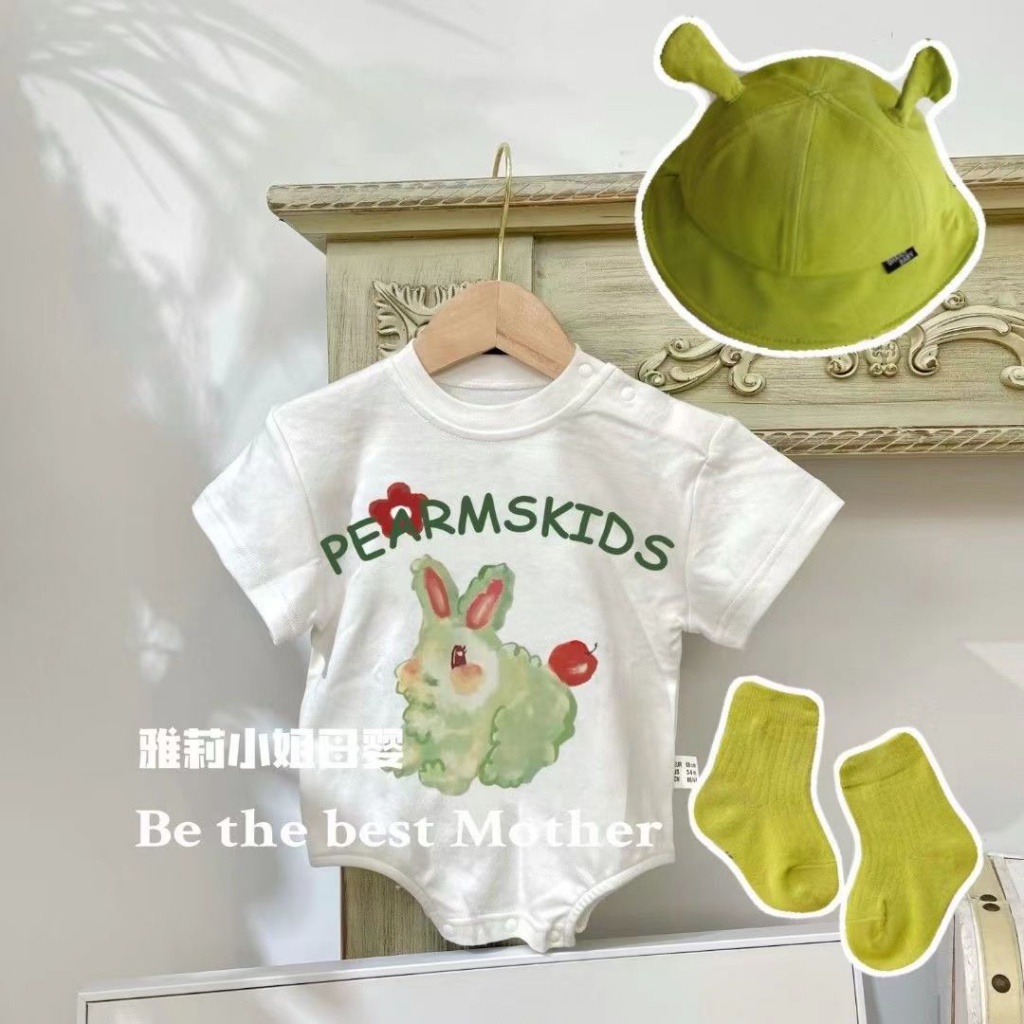 Áo Liền Quần Bằng Cotton Nguyên Chất Tay Cộc Thoáng Khí In Hình Thỏ Dễ Thương Có Nút Cài Thời Trang Mùa Hè 2022 Cho Bé Trai Và Gái