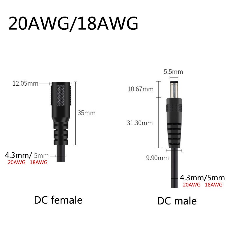 Dây Cáp Nối Nguồn DC Male Female 18cm 3A-10A 16 / 18 / 20 / 22Wg DC 5.5X2.1MM