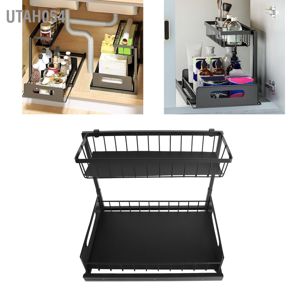 Kệ Để Đồ 2 Tầng Hình Chữ L Màu Đen Gắn Dưới Bồn Rửa Nhà Bếp / Phòng Tắm