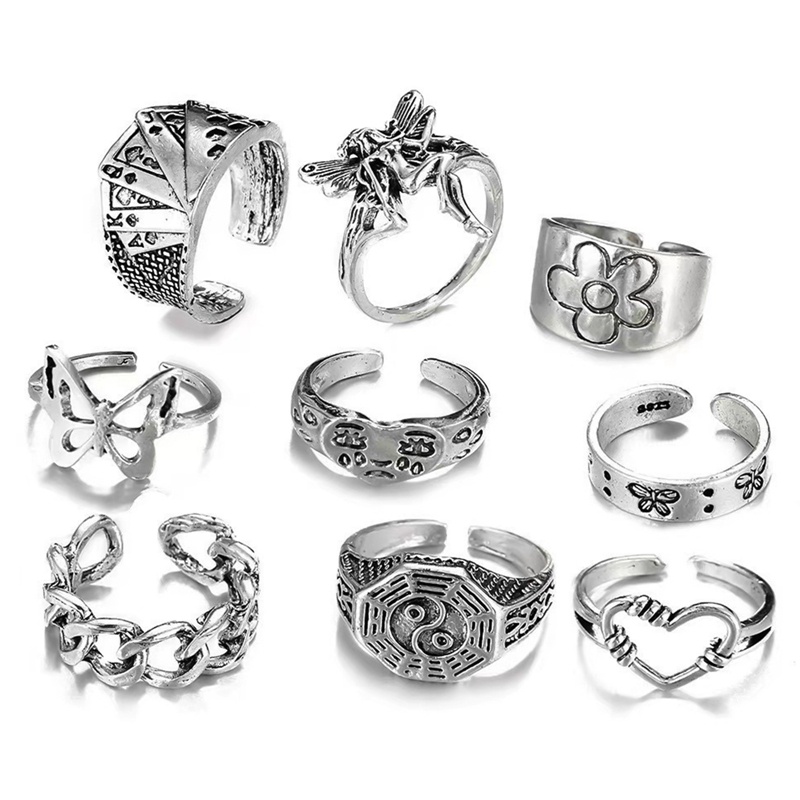 Set 9 Nhẫn Bạc Cổ Điển Nhiều Màu Sắc Phong Cách Bohemian