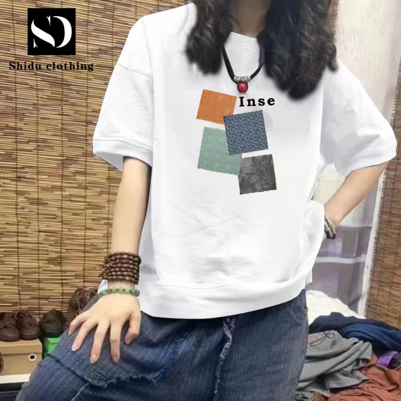 Áo Thun Cotton Ngắn Tay Dáng Rộng In Họa Tiết Xinh Xắn Dành Cho Nữ