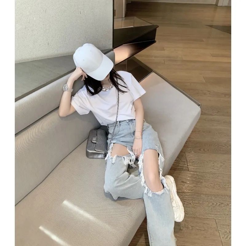 Quần Jean Dài Lưng Cao Dáng Rộng Thiết Kế Rách Thời Trang Mùa Hè Mới Cá Tính Cho Nữ