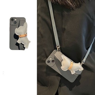 Ốp lưng silicon màu xám thời trang có dây đeo cổ tay bulldog hoạt hình cho IPhone Case 16 15 11 14 13 12 Pro Max X Xs Xr Xs Max 7 8 Plus Vỏ bảo vệ chống sốc Vỏ điện thoại