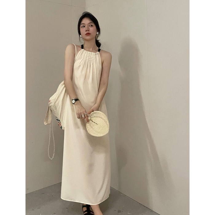 Đầm Dài Xếp Li Cổ Yếm Có Túi Thời Trang Mùa Hè Hàn Quốc Dành Cho Nữ