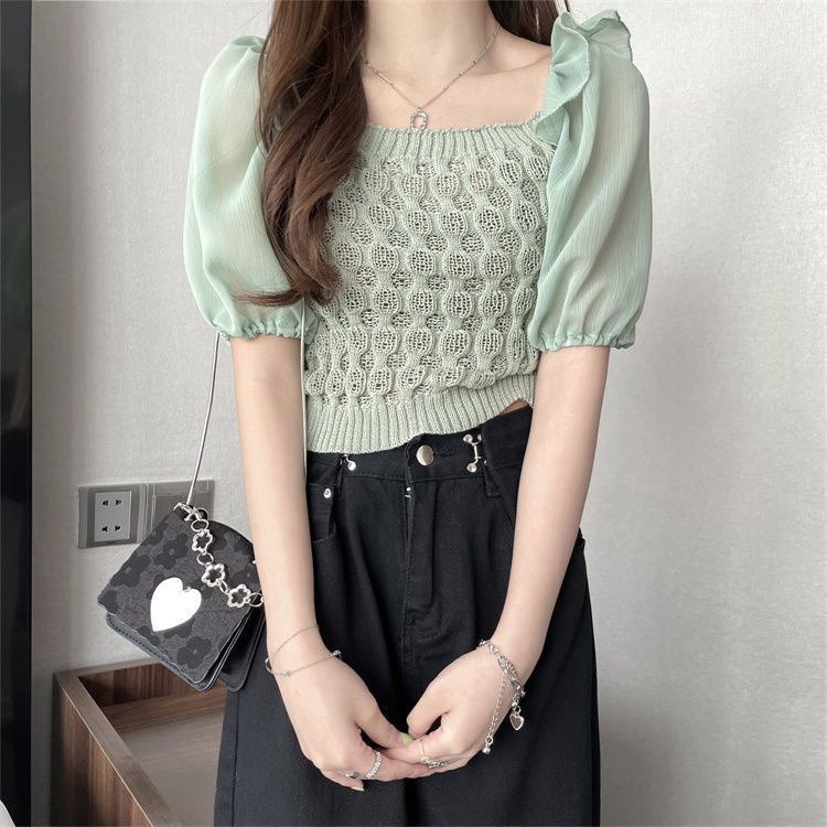 Áo Chiffon Dệt Kim Mỏng Tay Ngắn Hở Vai Thời Trang Mùa Hè Cho Nữ