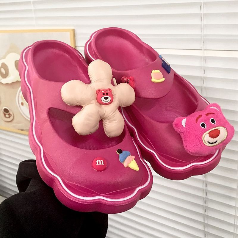 Mary Jane Dép Đế Dày Tăng Chiều Cao Đa Năng Họa Tiết Hoa / Dâu Tây Kiểu Pháp Dễ Thương Cho Nữ dép gấu dâu