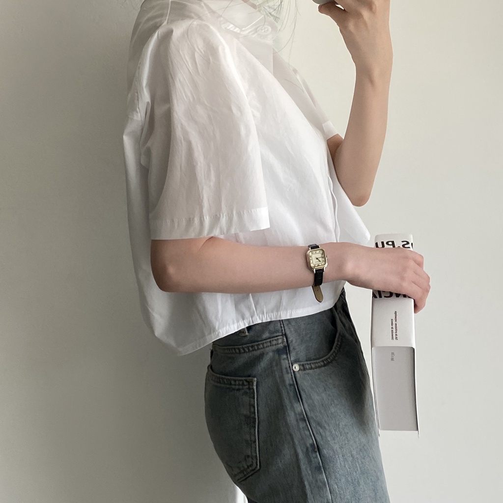 Áo Kiểu Tay Ngắn Dáng Rộng Màu Trơn Thiết Kế Xẻ Phong Cách Hàn Quốc