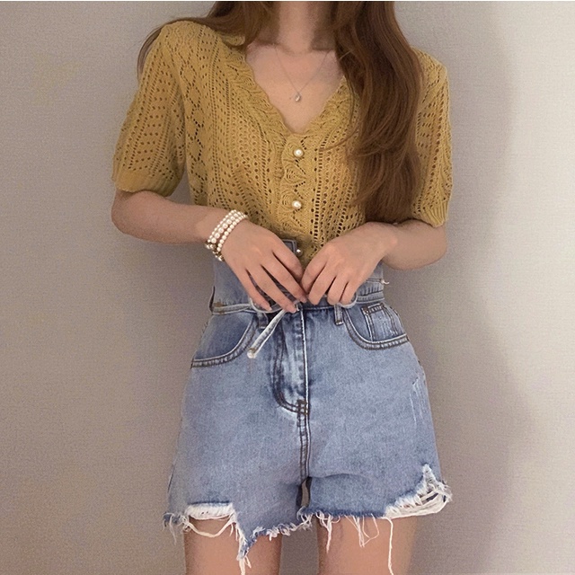 Áo Khoác cardigan Ngắn Tay Cổ Chữ V Form Rộng Phong Cách Hàn Quốc