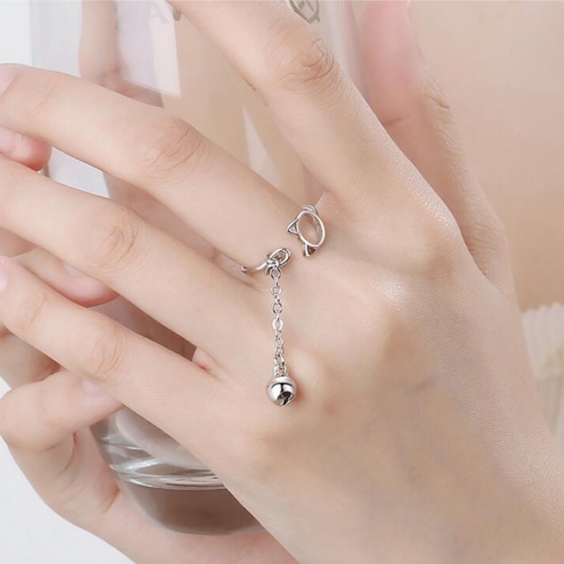 Nhẫn Hở Màu Bạc Đơn Giản Có Thể Điều Chỉnh Kích Thước Hình Mèo Thời Trang Cho Nữ