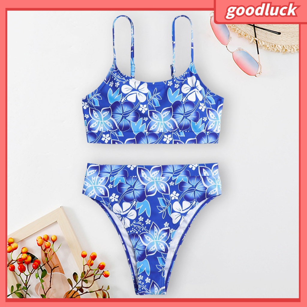 Bộ Đồ Bơi 2 Mảnh Lưng Cao In Họa Tiết Hoa Kỹ Thuật Số Mau Khô Có Dây Điều Chỉnh Dành Cho Bạn Nữ