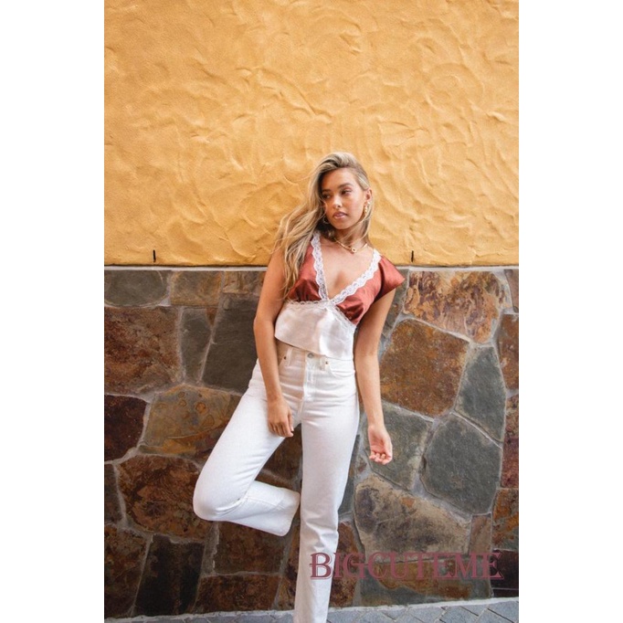 [] Áo Tank Top Cổ Chữ V Không Tay Phối Ren Màu Tương Phản Thắt Nơ Sau Lưng Cho Nữ