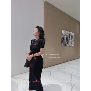 Váy len hoa nổi vai bồng 