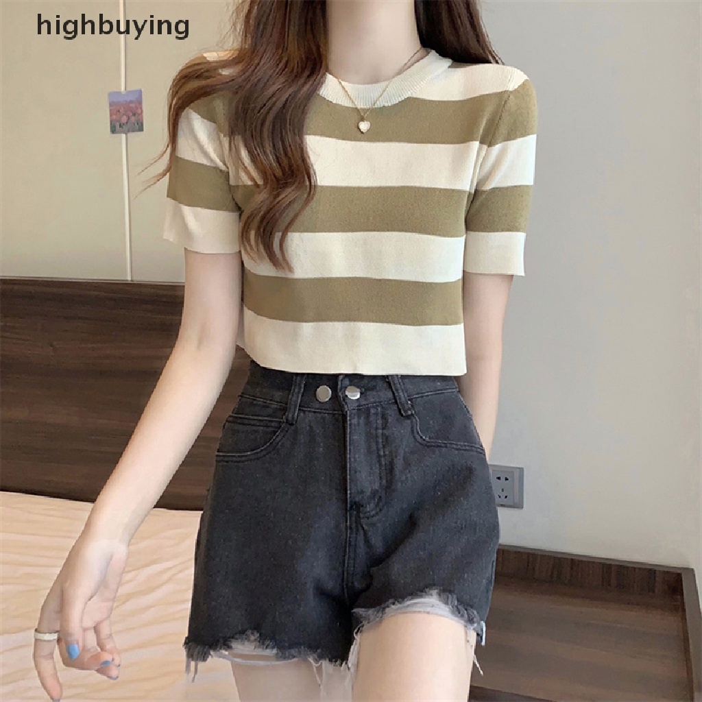 Áo Thun Croptop Dệt Kim Ngắn Tay Cổ Tròn Họa Tiết Kẻ Sọc Phong Cách Vintage