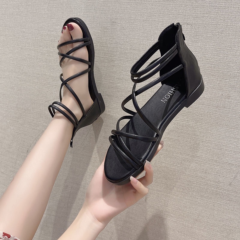 Giày Sandal Đi Biển Đế Bằng Siêu Nhẹ Phối Dây Kéo Sau Lưng Phong Cách Roman Dễ Phối Đồ