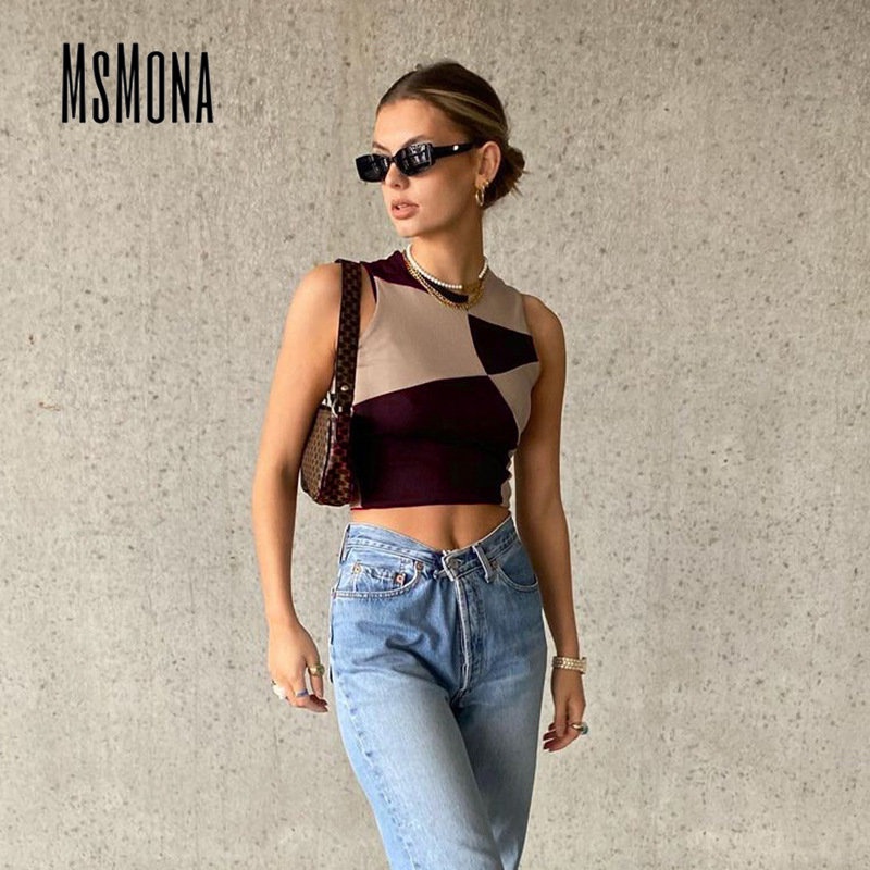 Áo Tank Top Cổ Tròn Màu Tương Phản Thời Trang 2023 Quyến Rũ Cho Nữ