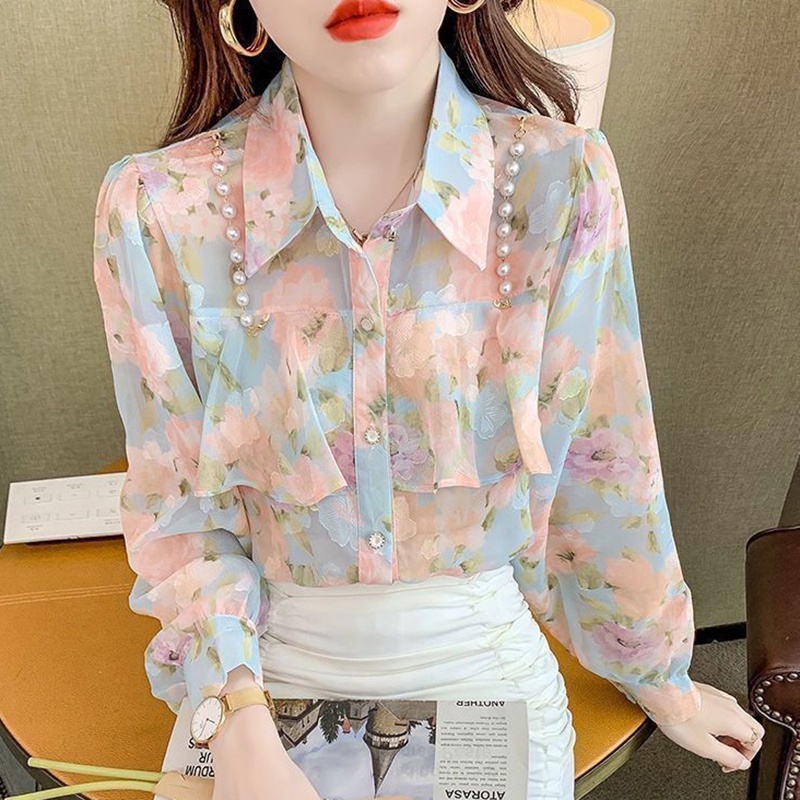 IELGY Áo Sơ Mi Tay Dài Dáng Rộng Đính Chuỗi Ngọc Trai Phong Cách Pháp Thời Trang Sang Trọng Cho Nữ