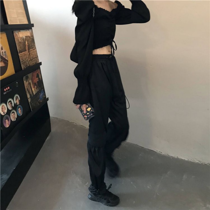 Áo Kiểu Trễ Vai Tay Dài Phối Bèo Và Dây Rút Màu Đen Ngọt Ngào Phong Cách Pháp Thời Trang Cho Nữ