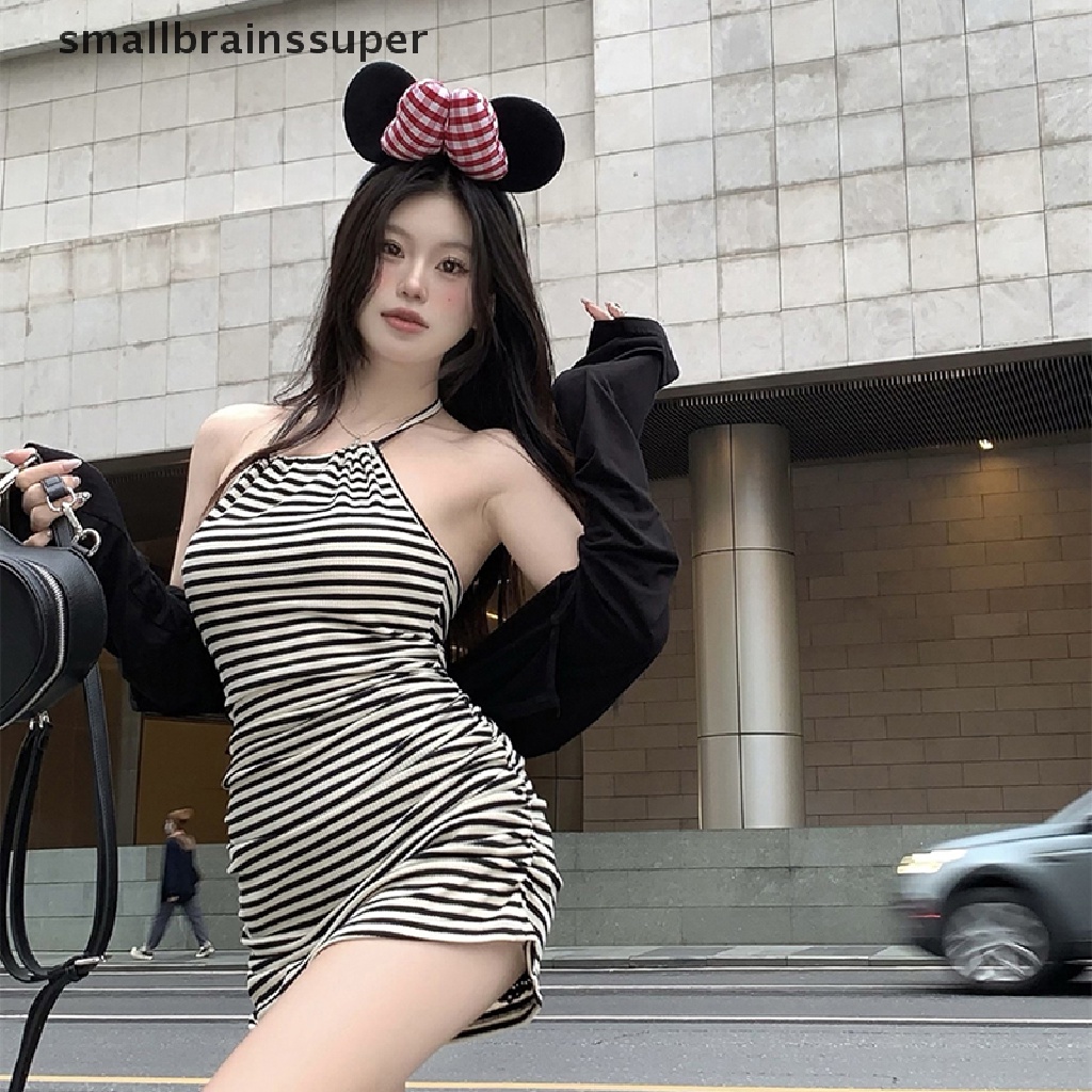 Đầm Ngắn Lưng Cao Xếp Ly Ôm Dáng Họa Tiết Kẻ Sọc Thời Trang Mùa Hè Quyến Rũ Cho Nữ SBS