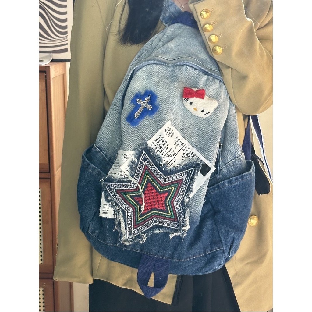 Ba Lô Denim Thêu Họa Tiết Hello Kitty Y2k Phong Cách Hip Hop Thời Trang Sang Trọng Cho Nam Và Nữ