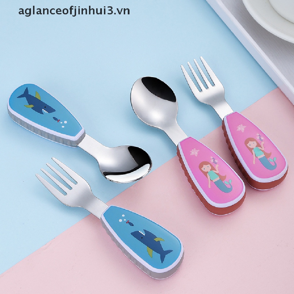 Bộ Muỗng Nĩa Nhỏ Bằng Thép Không Gỉ Họa Tiết Hoạt Hình Cho Bé