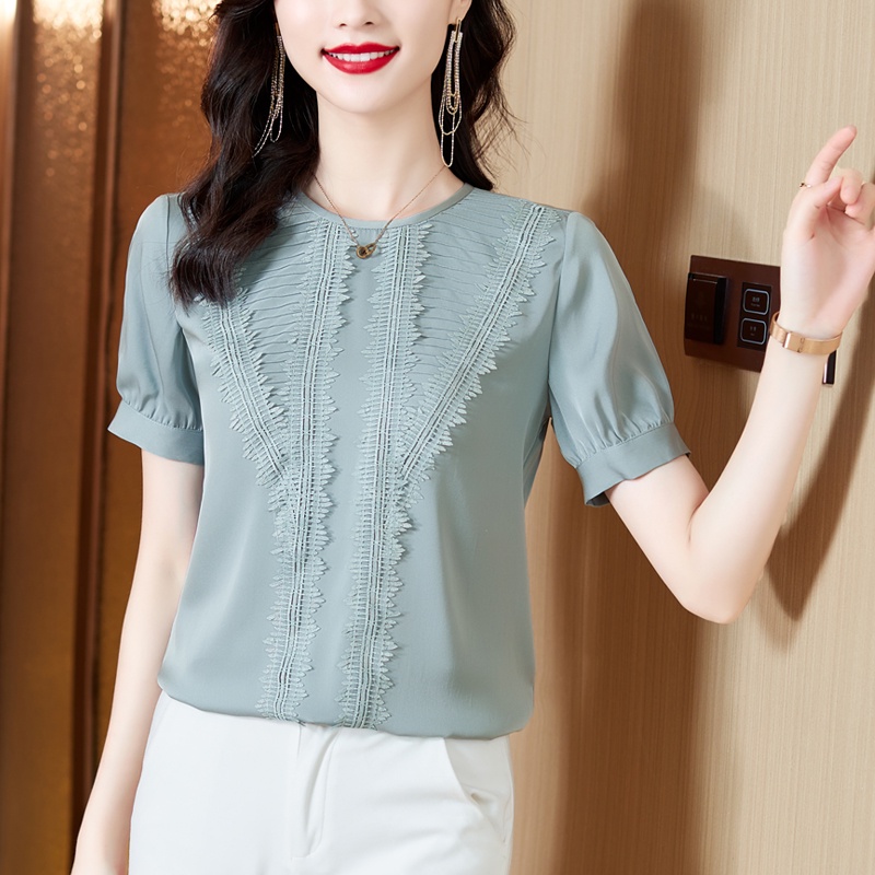 Áo Thun Lụa Mulberry Cao Cấp Tay Ngắn Cổ Tròn Viền Ren Đa Năng Phong Cách Phương Tây