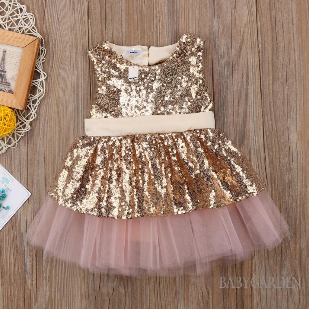 Đầm Công Chúa Nhiều Tầng Không Tay Hở Lưng Đính Kim Sa Lấp Lánh Dành Cho Bé Gái 6 Tháng-4 Tuổi