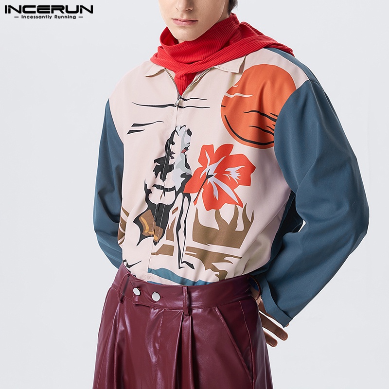 Áo INCERUN tay dài có khóa kéo in họa tiết màu tương phản thời trang
