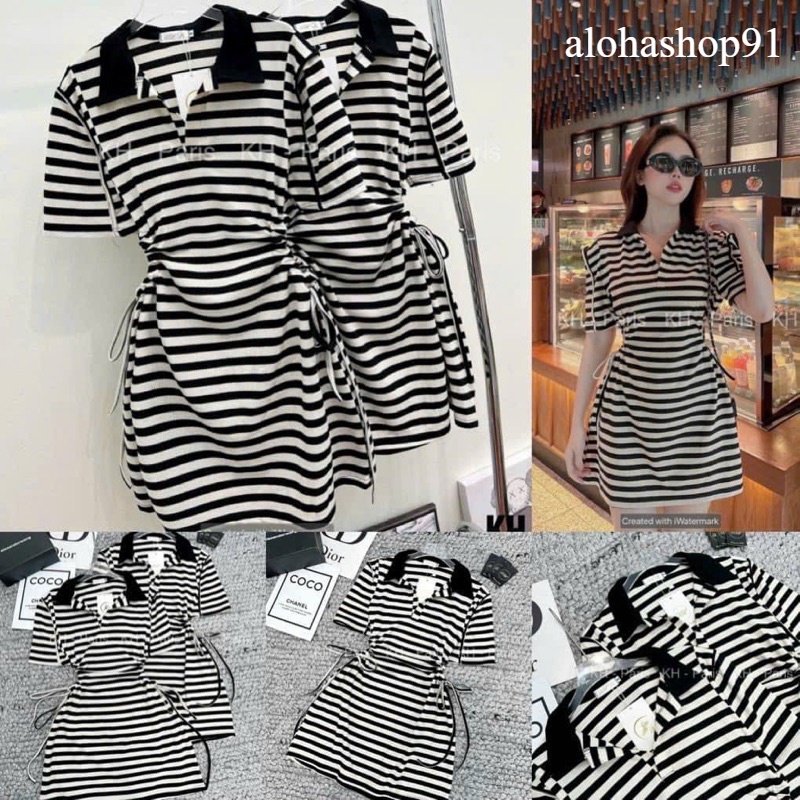 ĐẦM SỌC CỔ TRỤ RÚT DÂY XINH XỈU KHOE EO THON alohashop91