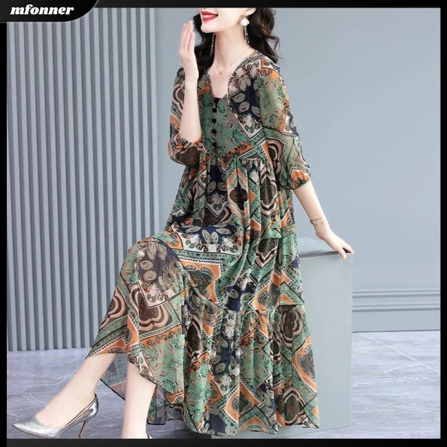 Đầm Tay Ngắn Cổ Chữ V In Họa Tiết Retro Thời Trang Dành Cho Nữ