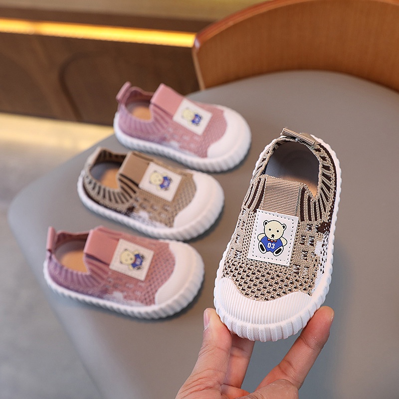 Giày Sneaker Phối Lưới Dệt Kim Hình Gấu Hoạt Hình Chống Trượt Thời Trang Mùa Hè Cho Bé Trai Và Gái 1-3 Tuổi