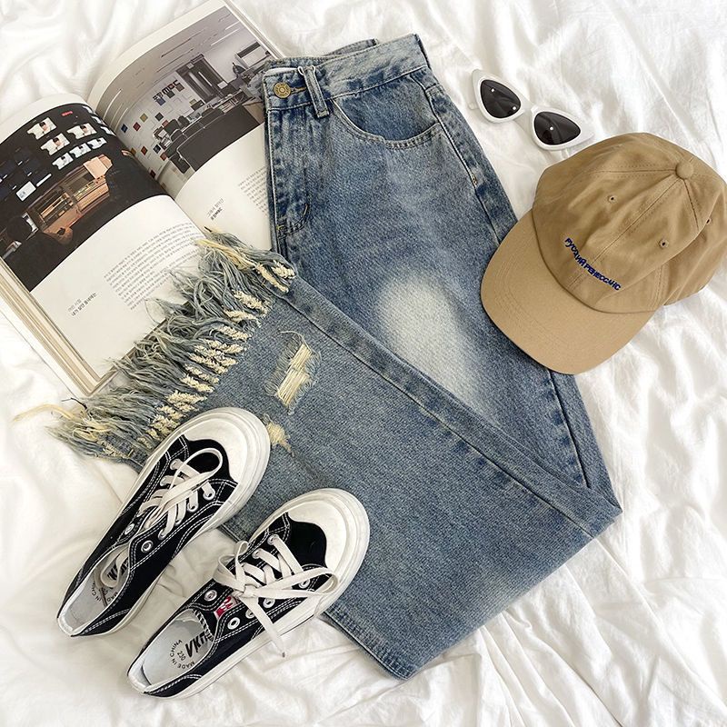 Quần Jean Dài Lưng Cao Ống Rộng Phối Rách Kiểu Vintage Cá Tính Cho Nữ