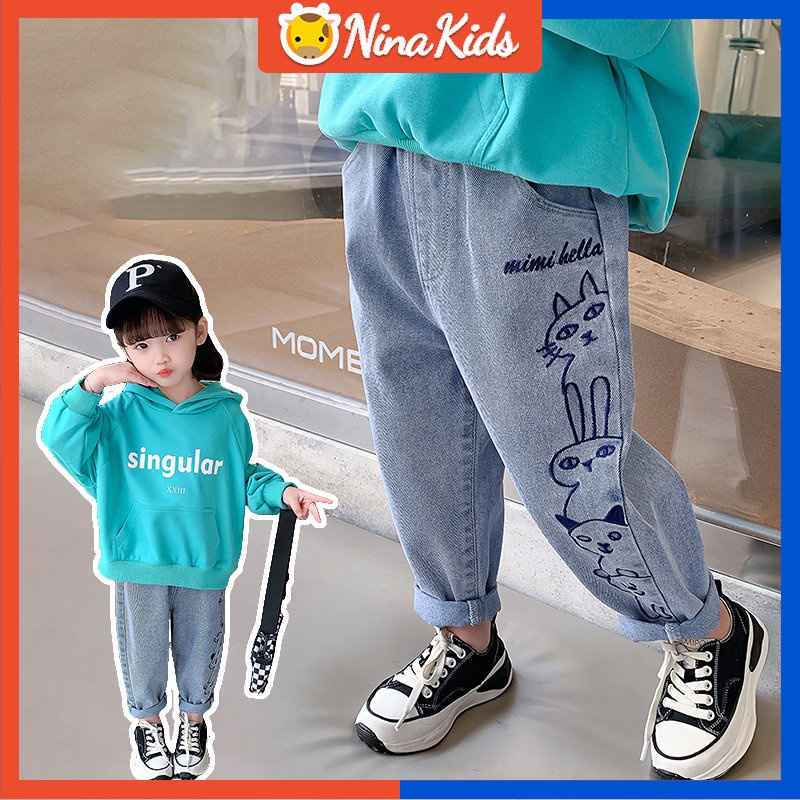 Quần Jeans Ống Rộng Co Giãn Thêu Họa Tiết Hoạt Hình Phong Cách Hàn Quốc Cho Bé Gái 0-6 Tuổi