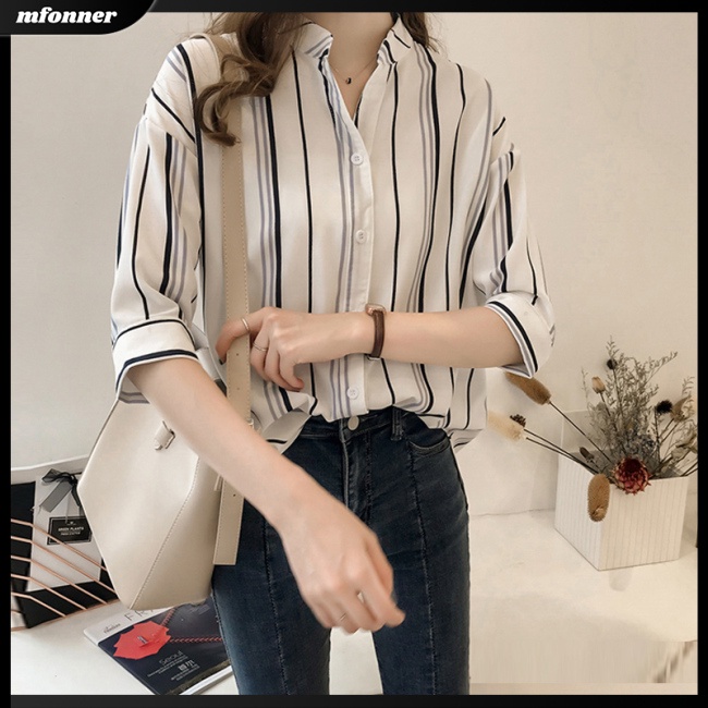 Áo Sơ Mi Tay Lửng Cổ Chữ V Dáng Rộng Họa Tiết Kẻ Sọc Thời Trang Cho Nữ