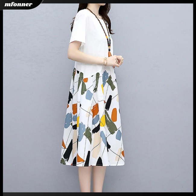 Đầm Dáng Chữ A Tay Ngắn Cổ Tròn Lưng Cao In Họa Tiết Thời Trang Mùa Hè Cho Nữ