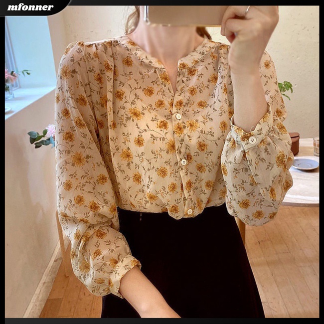 Áo Sơ Mi Voan Hoa Dài Tay Cổ V Thời Trang Nữ Tính