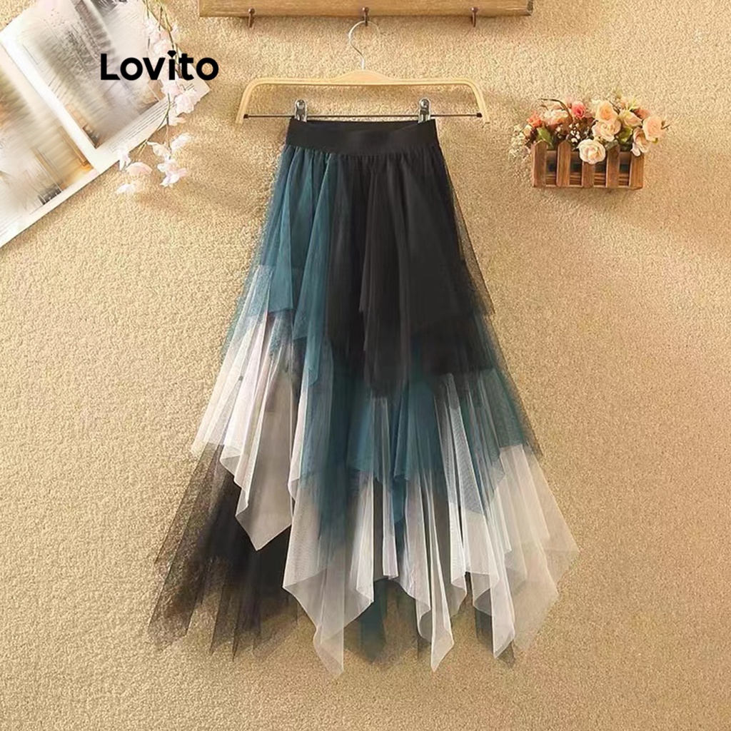 Lovito Váy maxi xòe bất đối xứng nhuộm màu cà vạt lãng mạn cho nữ LNE06053 (Xanh/Đen và Trắng)