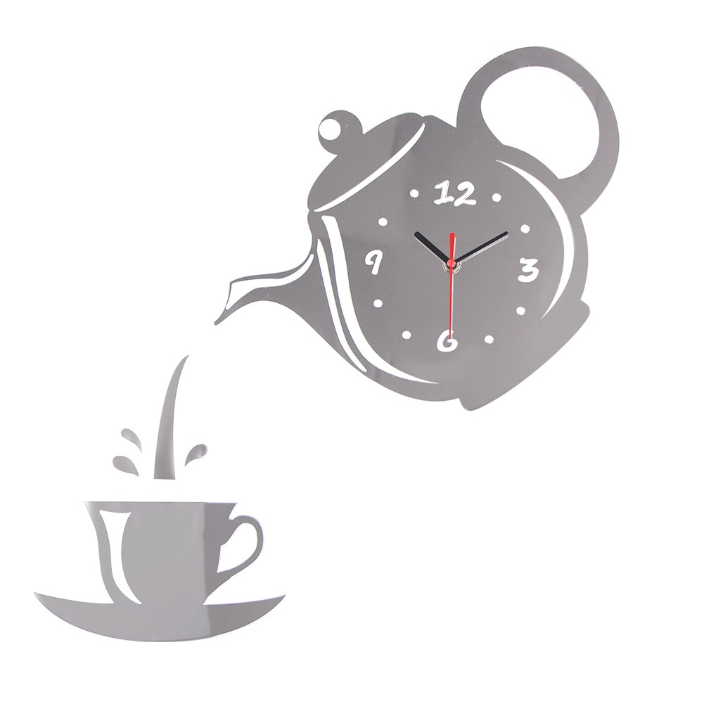 Đồng Hồ Treo Tường 3D DIY Mặt Gương Hình Ấm Trà Và Tách Cà Phê Trang Trí Phòng Khách Văn Phòng