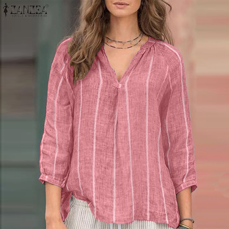 Zanzea Áo Sơ Mi Tay Lửng 3 / 4 Cổ Chữ V Họa Tiết Kẻ Sọc Thời Trang Cho Nữ