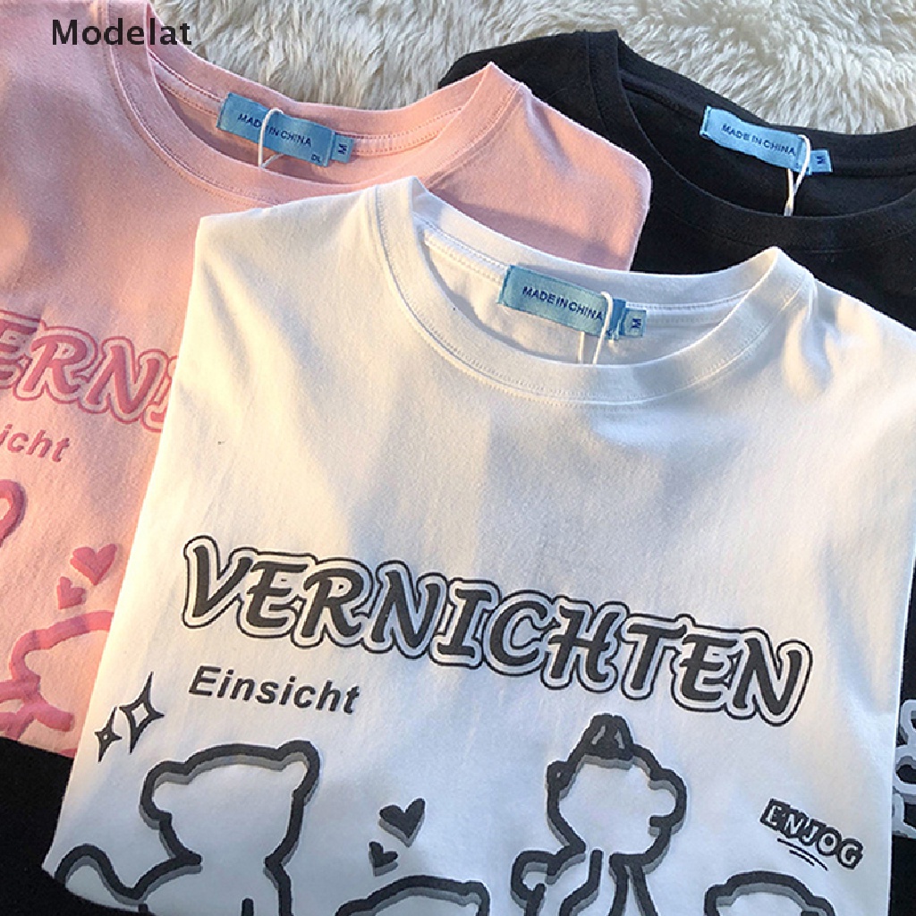 Áo Thun Tay Ngắn Cổ Tròn Dáng Rộng In Hình Gấu Kiểu Retro Mỹ Dễ Thương Cho Nữ